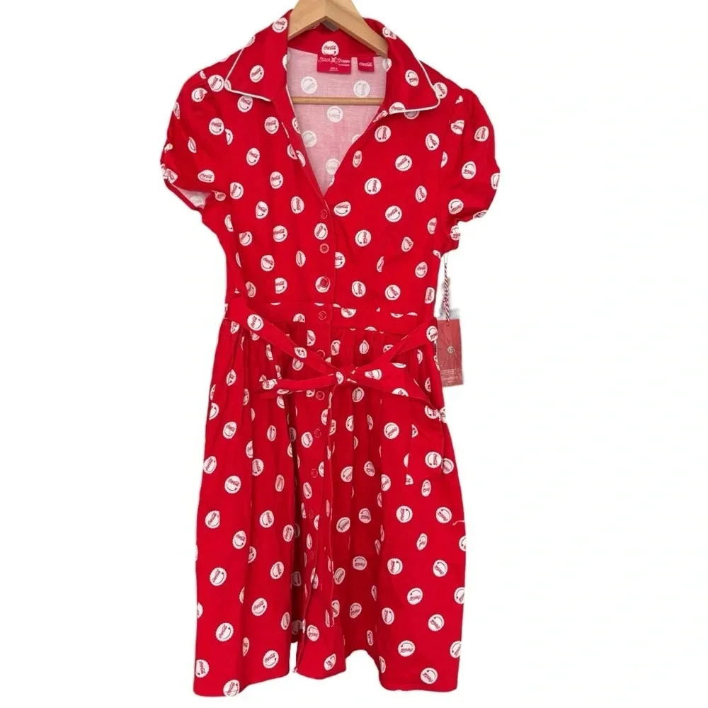 NWT Stitch Shope CocaCola Polka Dot Red White Midi Dress Short Sleeve Size M